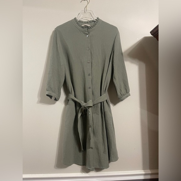 Soft Surroundings Sage Green Cotton Gauze Belted Button Up Dress - Picture 2 of 8